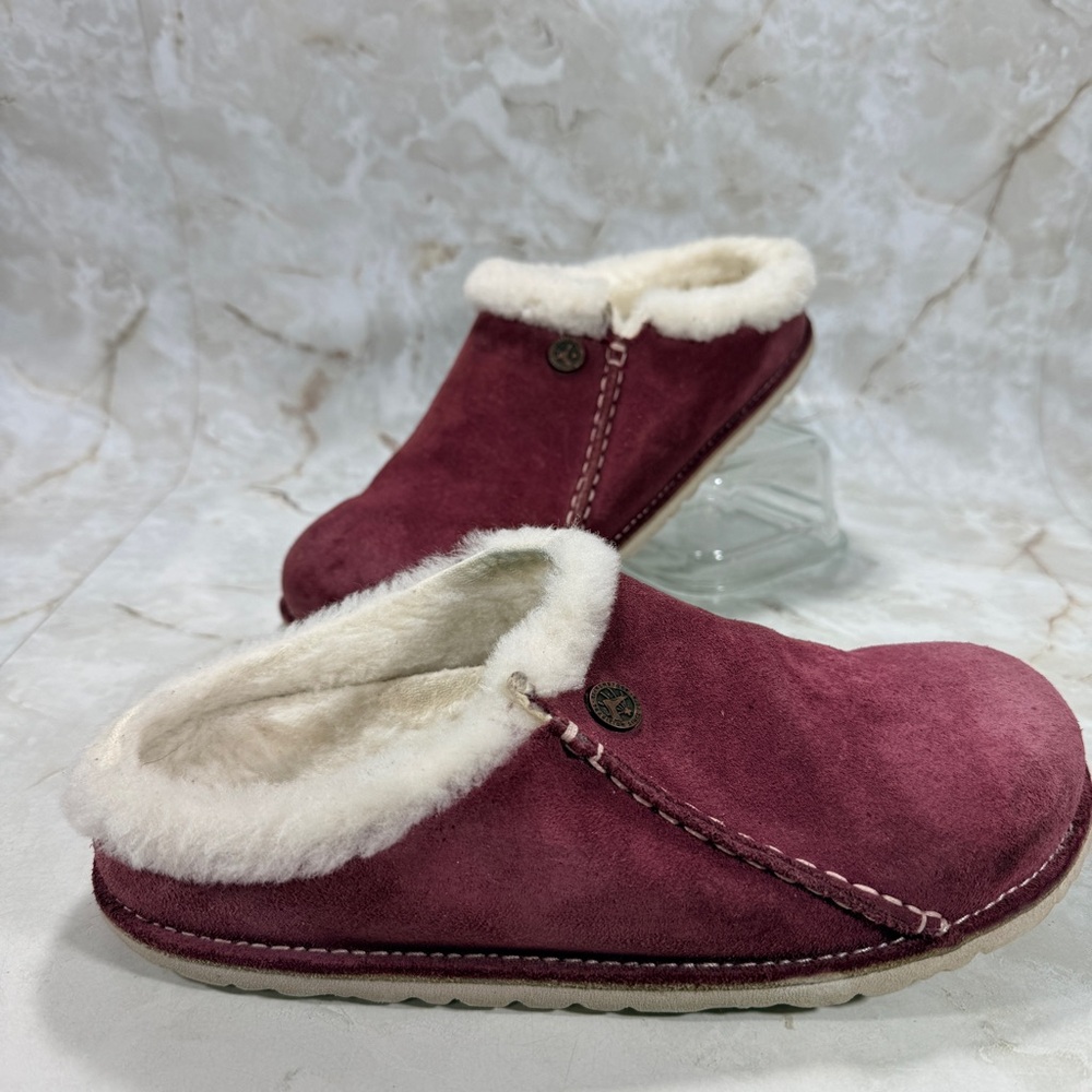 Birkenstock Zermatt Premium Shearling Lined Burgundy Suede Slippers Size 38 US 7